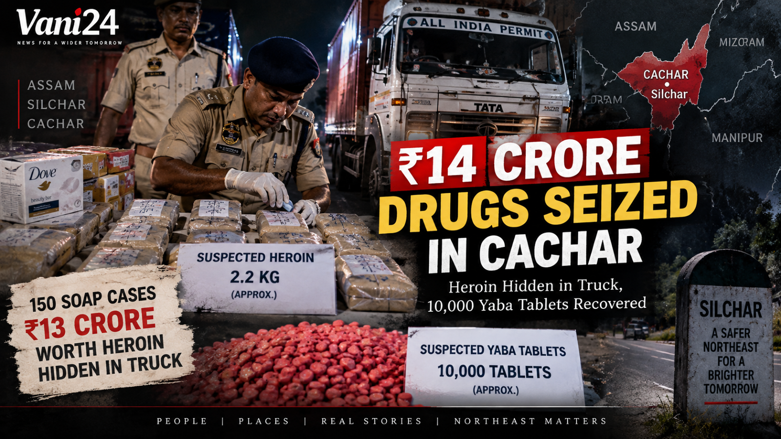 ₹14 Crore Drugs Seized in Cachar: Heroin Hidden in Truck, 10,000 Yaba Tablets Recovered