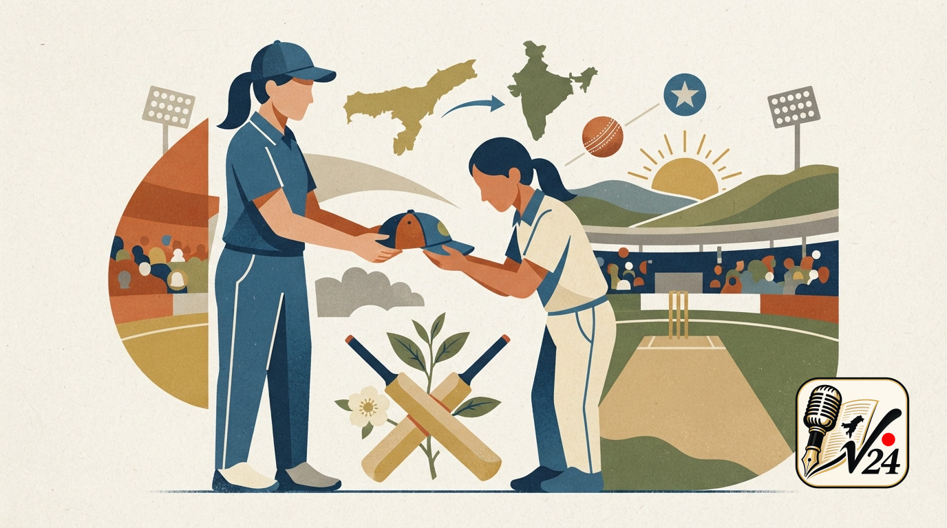 Generic graphic representing cricket equipment and a national team cap on a sports pitch.