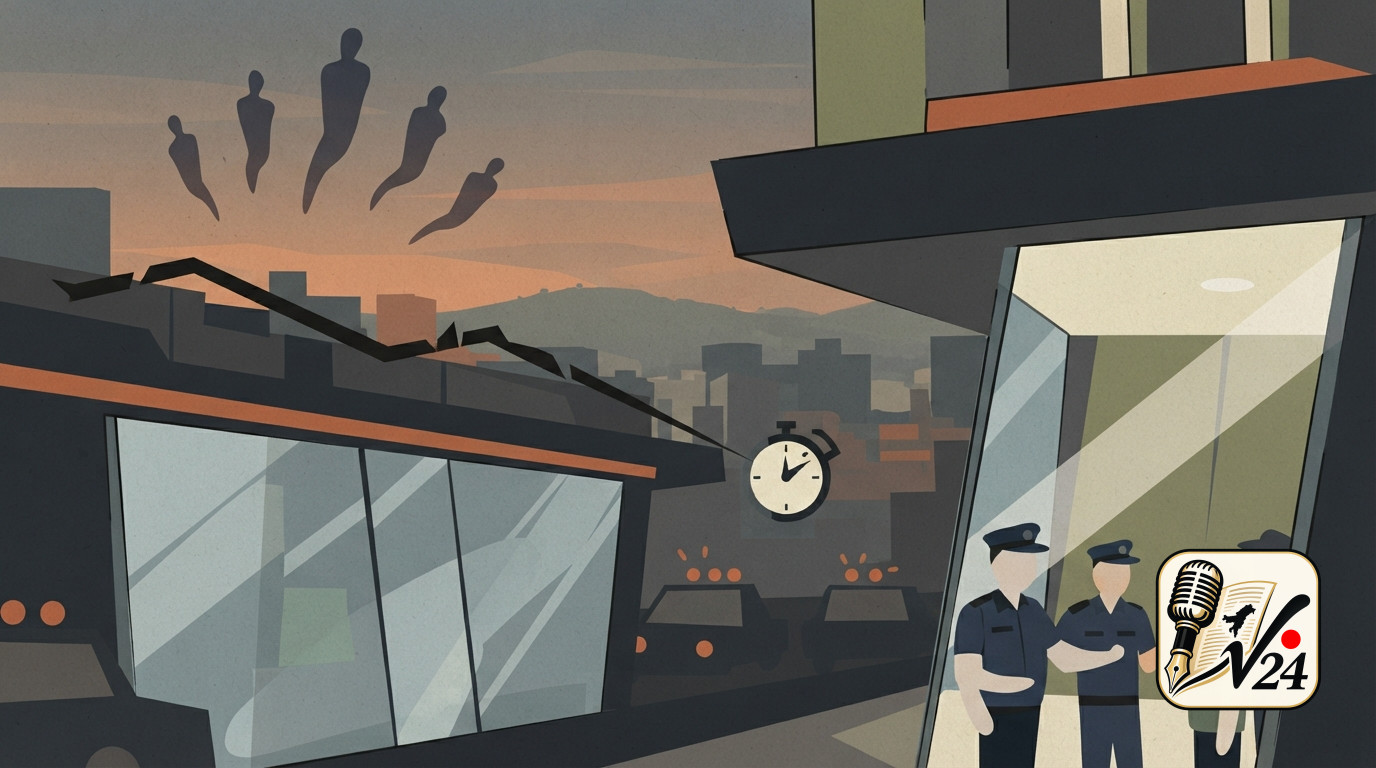 Illustrative graphic depicting police emergency lights outside a hotel building.