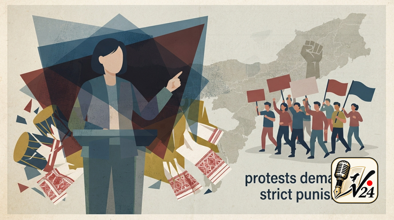Illustrative graphic depicting political commentary and public protests in Assam