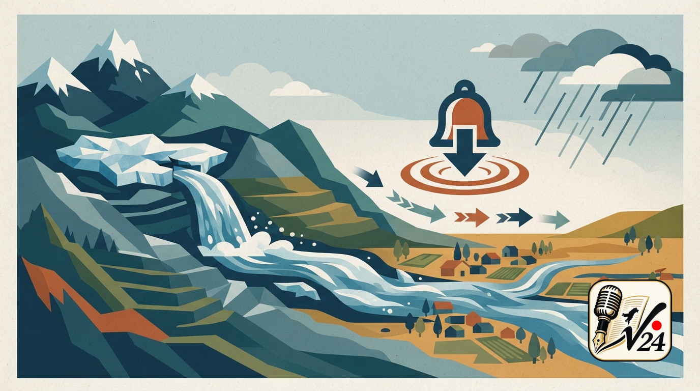 Illustrative graphic showing river water rising near downstream mountain borders during a flood alert