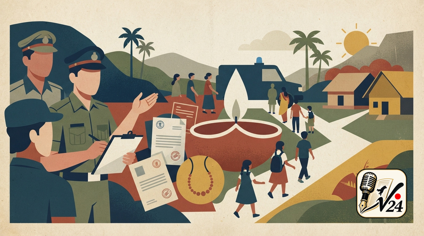 A generic illustration depicting law enforcement documents and police badges representing anti-child marriage drives in Assam.