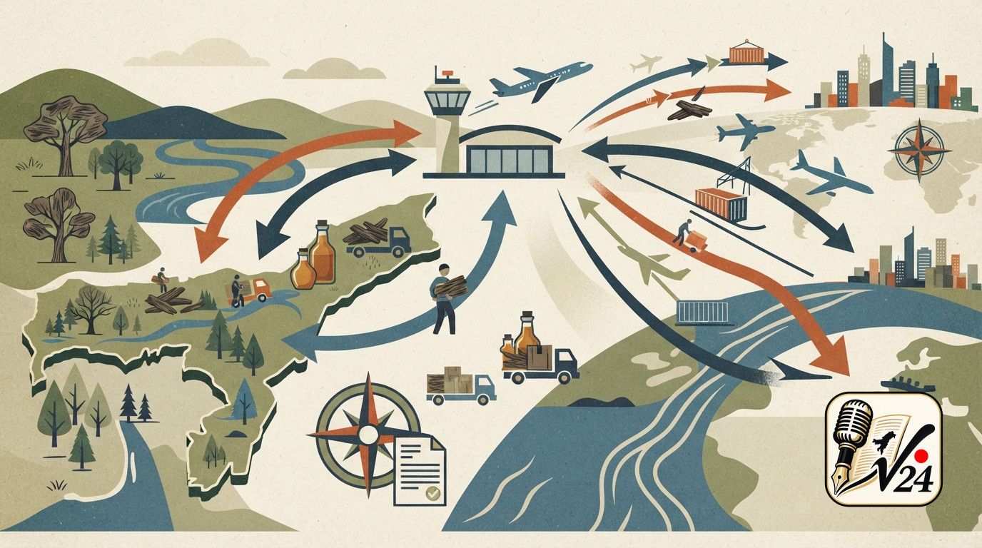 Illustration representing air cargo exports and trade at an airport cargo terminal