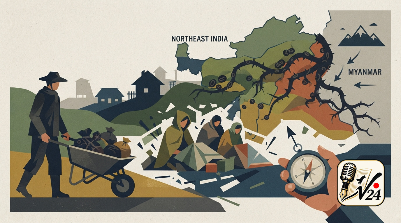 An illustrative generic map highlighting border security and cross-border trade routes in Northeast India.